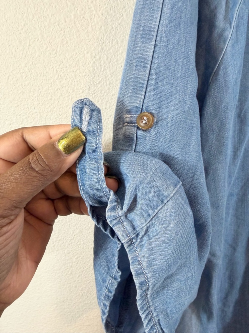 Hester & Orchard Denim Chambray Tunic XL Fringe Hem Asymmetrical Roll Tab Sleeve - Picture 4 of 8